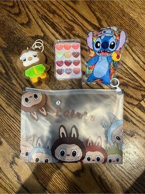 Fun Kid’s Bundle - Labubu Clear Character Pouch Keychain, hair accessories, lips